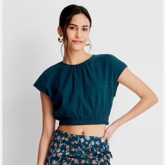 Women's Short Sleeve Cinched Crop Top Future Collective Jenny Lopez Teal 1X - Picture 4 of 4